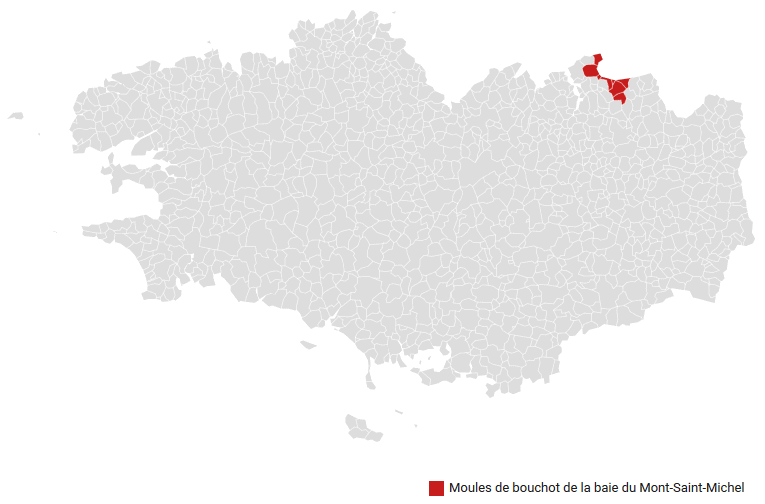 Carte des communes associées à l'AOP Moules de bouchot de la baie du Mont-Saint-Michel