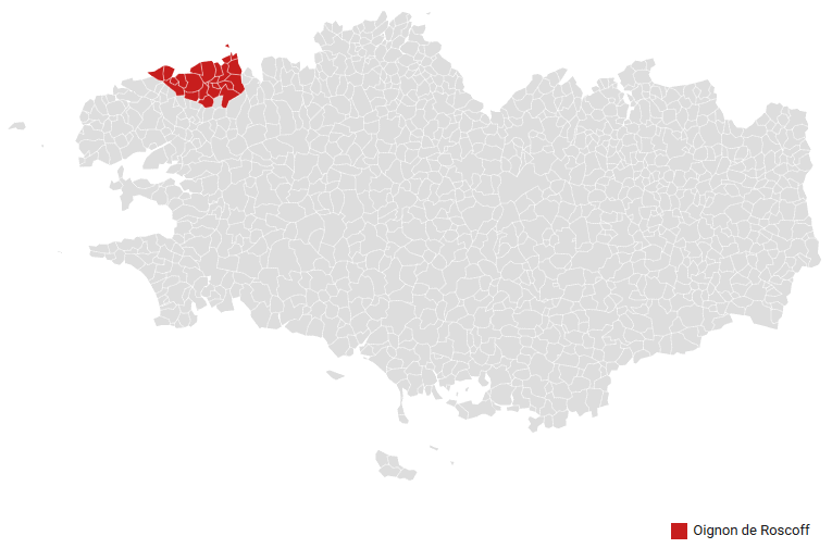 Carte des communes associées à l'AOP Oignon de Roscoff