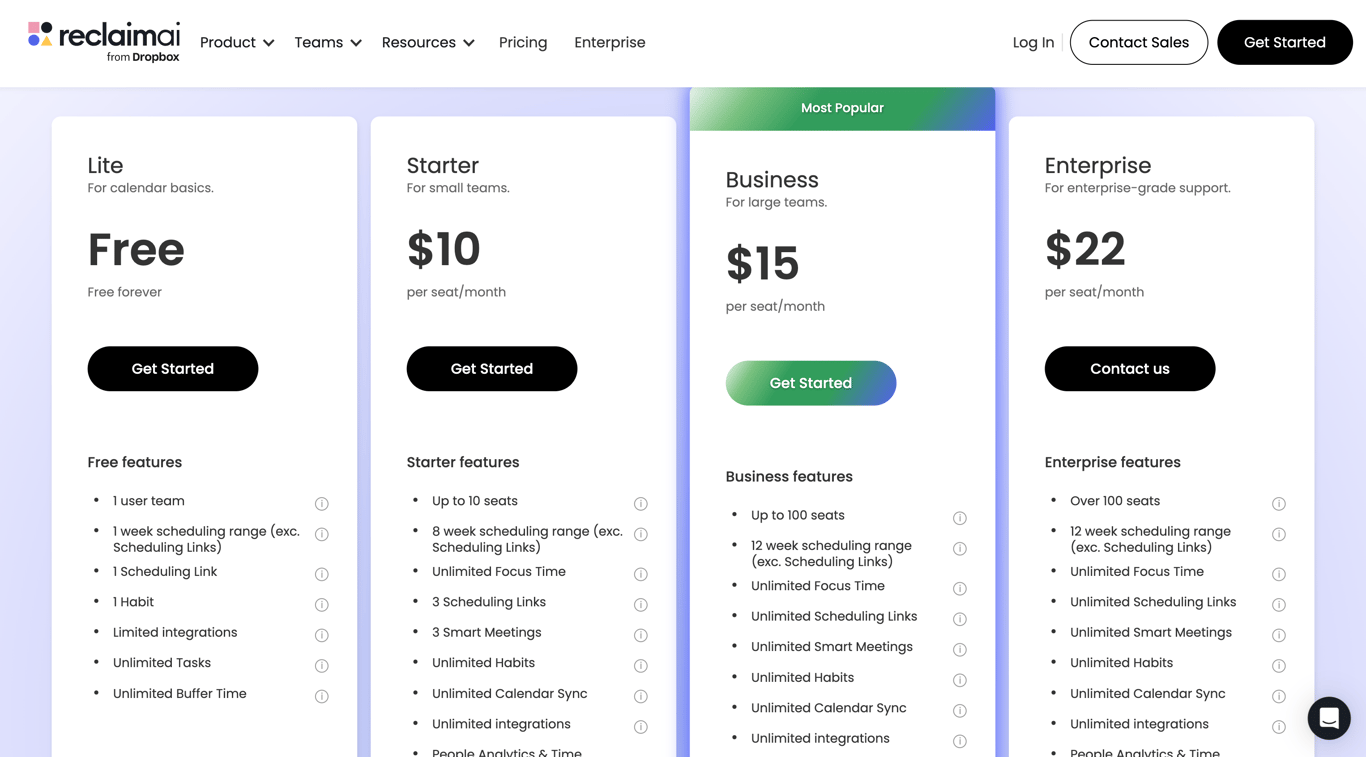 Reclaim AI pricing comparison