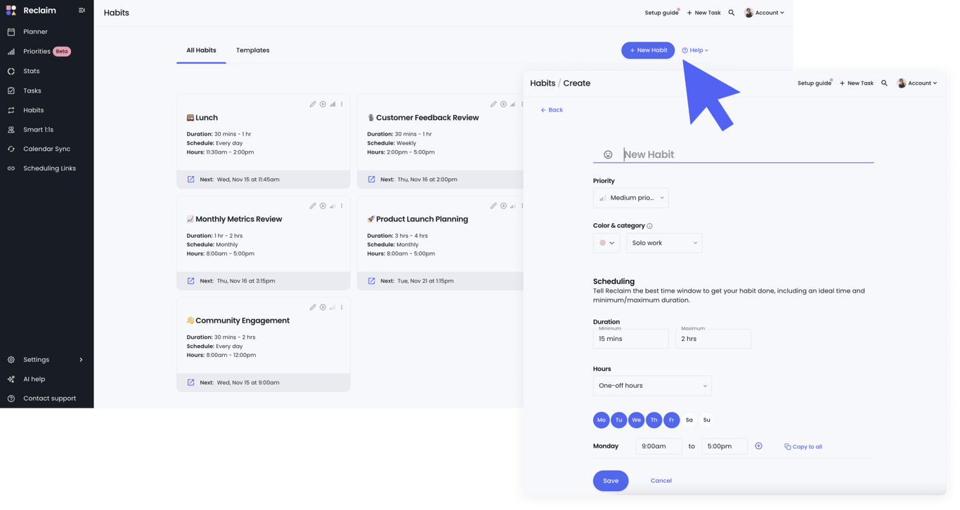 Reclaim AI habits screen showing flexible scheduling