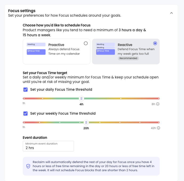 Reclaim AI focus time view