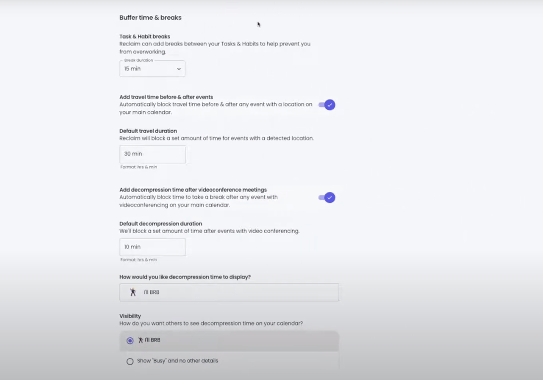 Reclaim AI buffer time setup