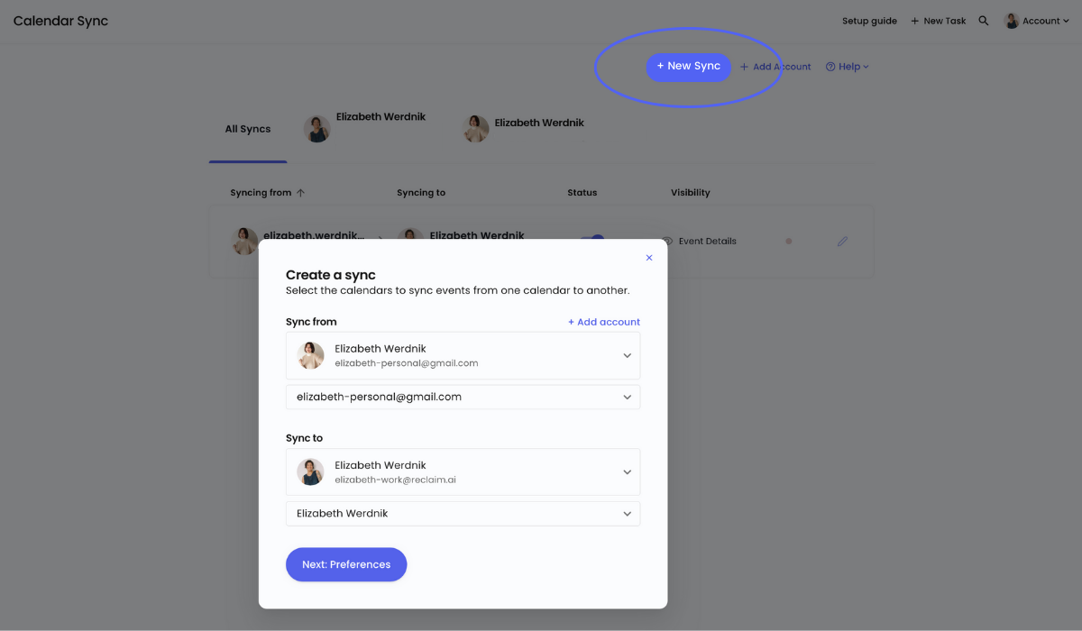 Reclaim AI calendar sync feature