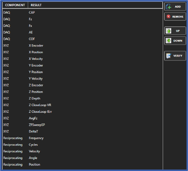 Data acquisition components window