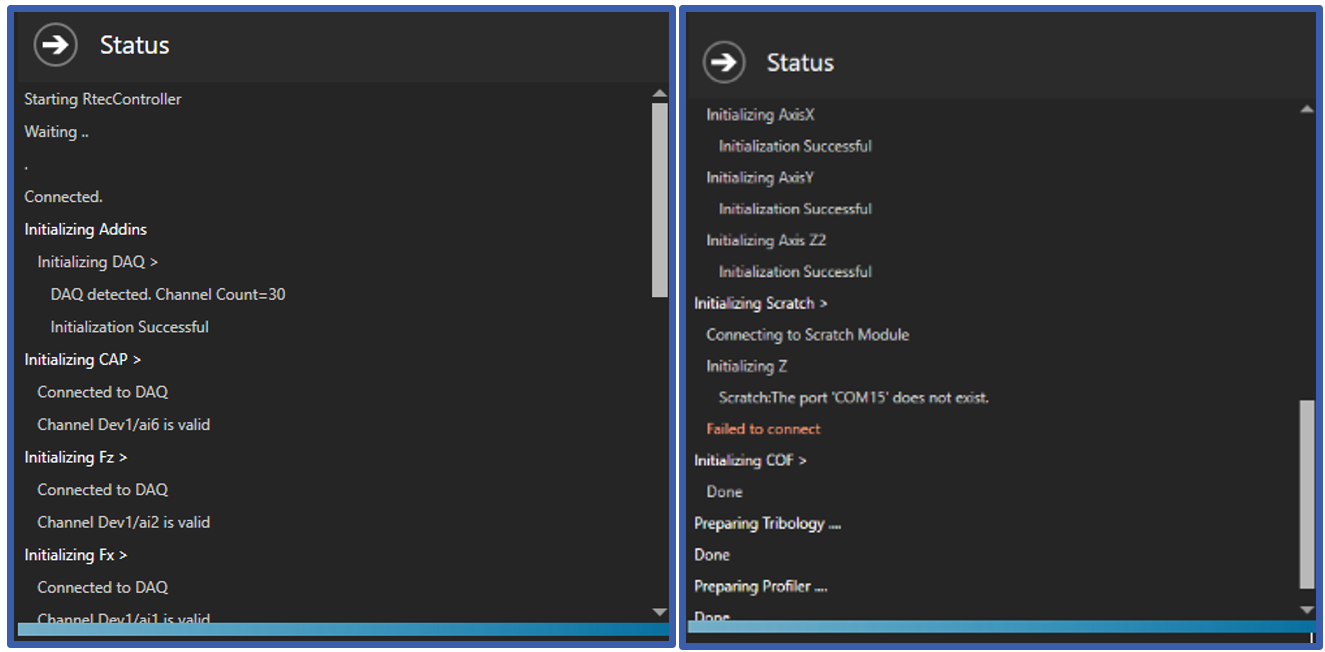 Status Window successfully initialized (Left), unsuccessful (Right)
