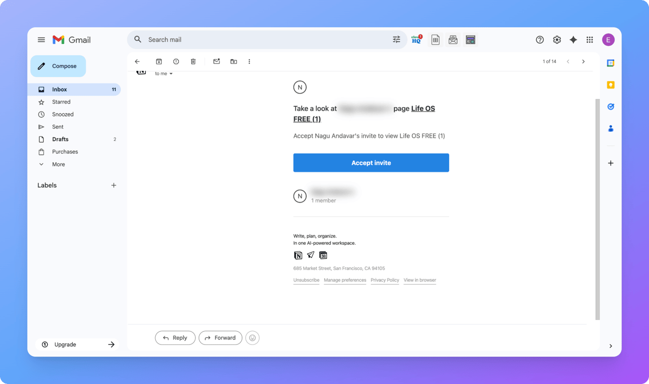 Notion workspace showing the shared page invite visible