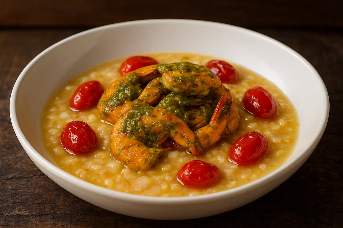 Pesto Shrimp with Saffron Hominy Grits and Slow-Simmered Cherry Tomatoes