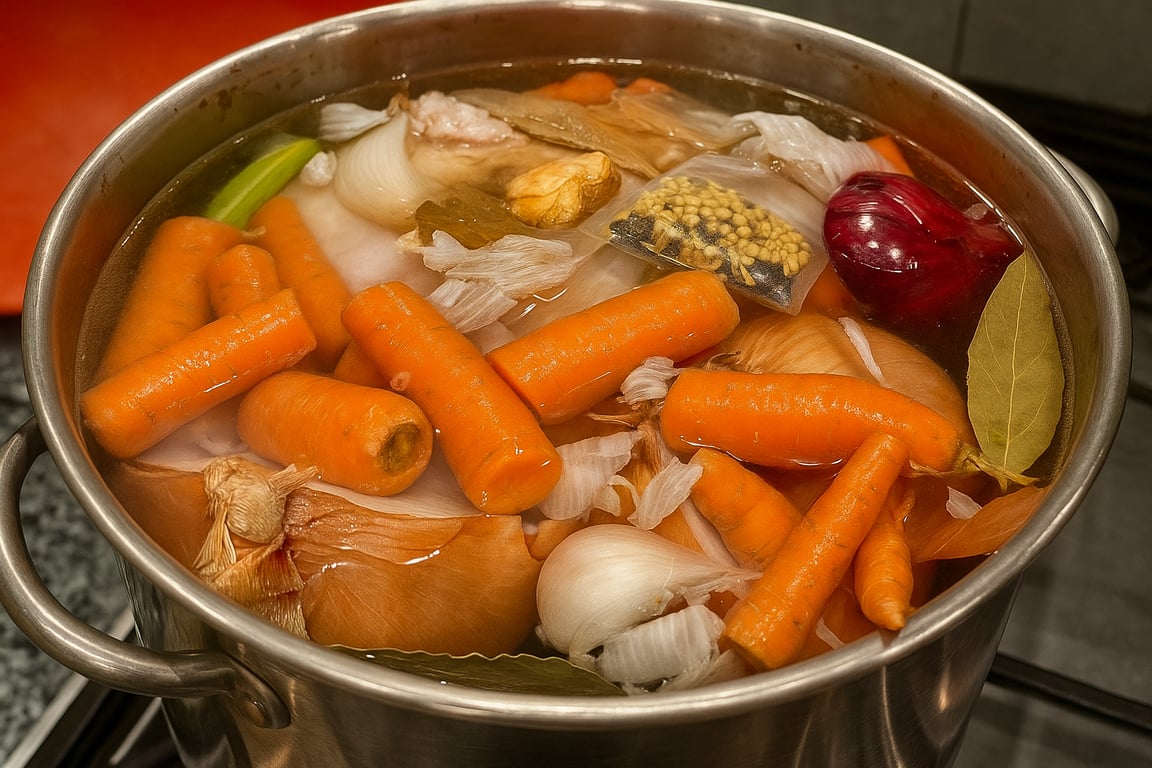An 8-qt stock pot filled to the brim with chicken, vegetables and spices. 
