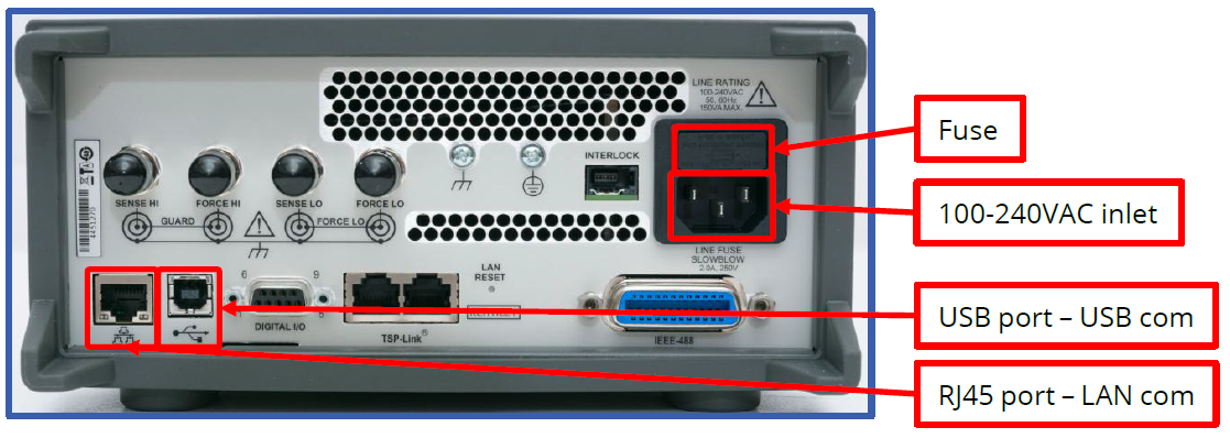 Keithley 2450 rear panel with specificities highlighted.