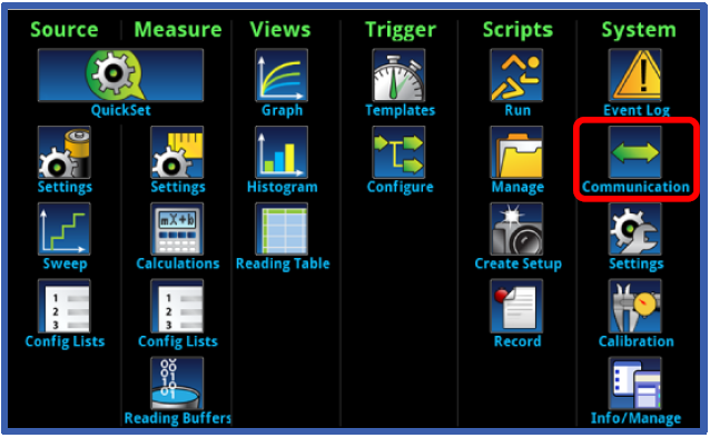 Menu window to access communication menu.