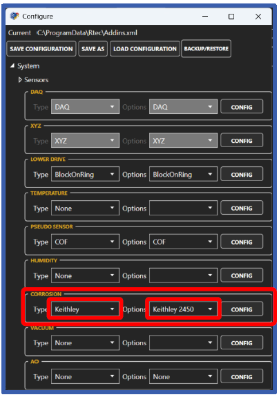 Configuration Window with Keithley selection