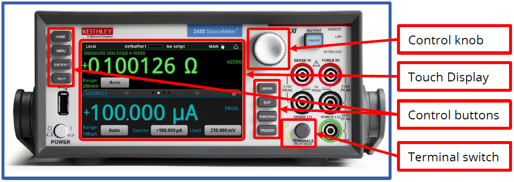 Keithley 2450 front panel with specificities highlighted.