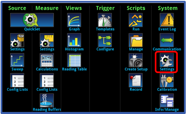 Menu window to access system settings menu.