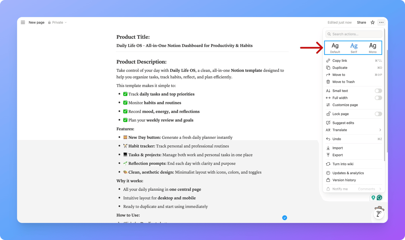 Notion font style menu showing Default, Serif, and Mono options.