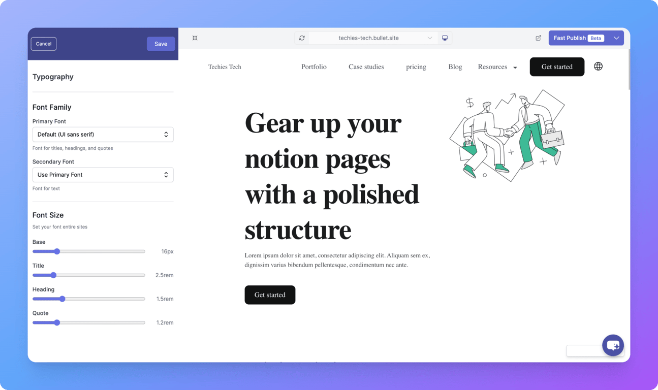 Bullet.so interface preview with customizable Notion website layout.