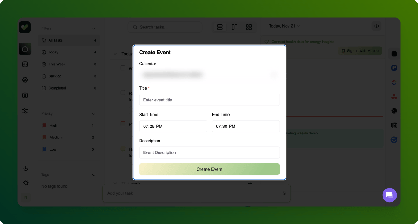 Time-blocked day view in Focuzed.io