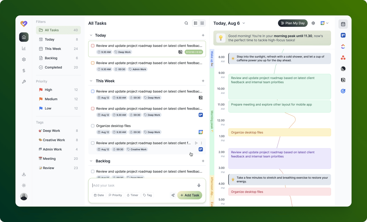 Focuzed.io showing real-time energy-based task scheduling and peak alerts