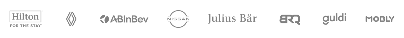 Company logos from Hilton, Renault, AB InBev (Ambev), Nissan, Julius Bär, BRQ Digital Solutions, Guldi and Mobly