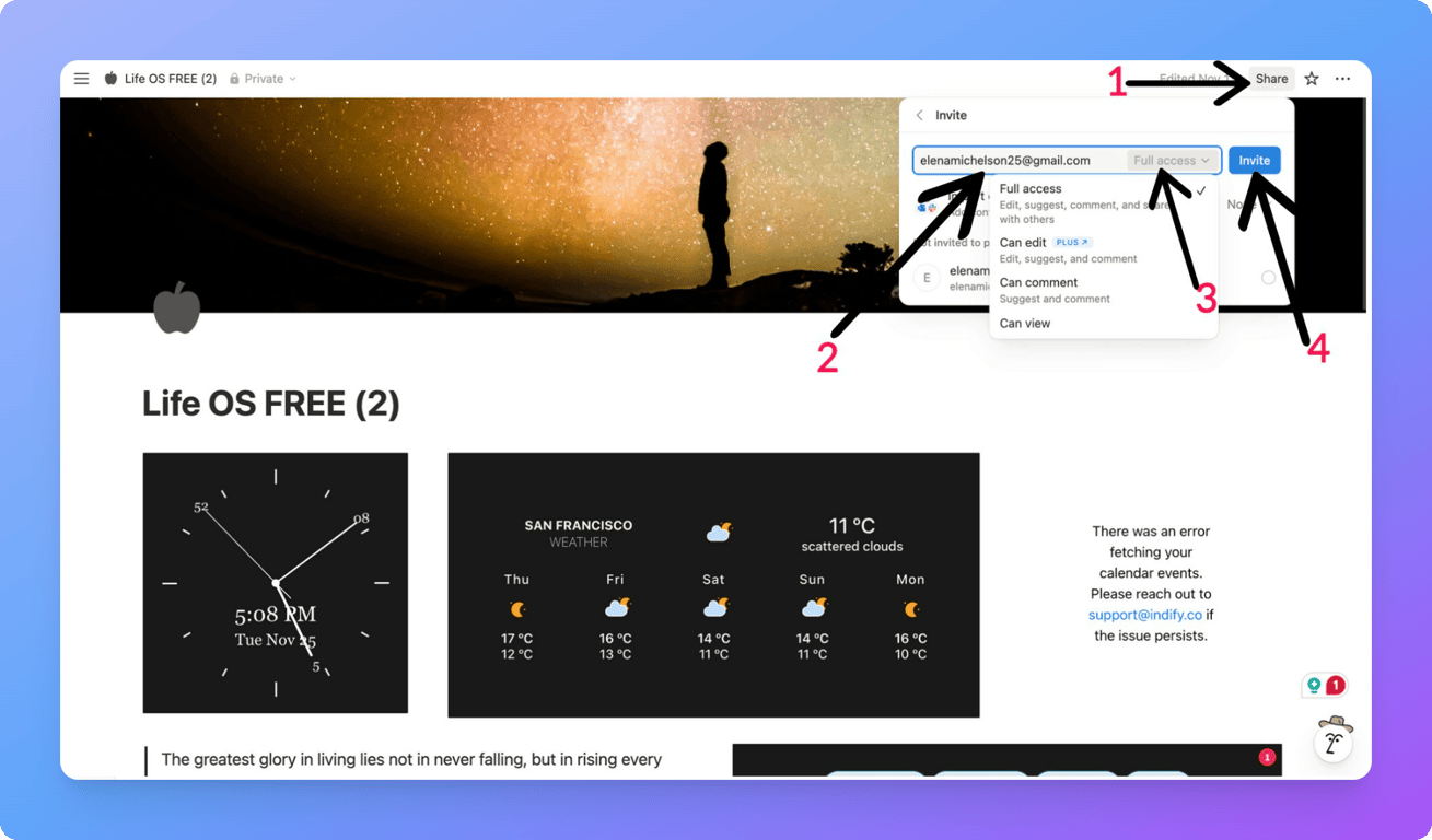 Notion “Share” menu with the option to invite another account by entering an email and giving Full Access to duplicate the page.