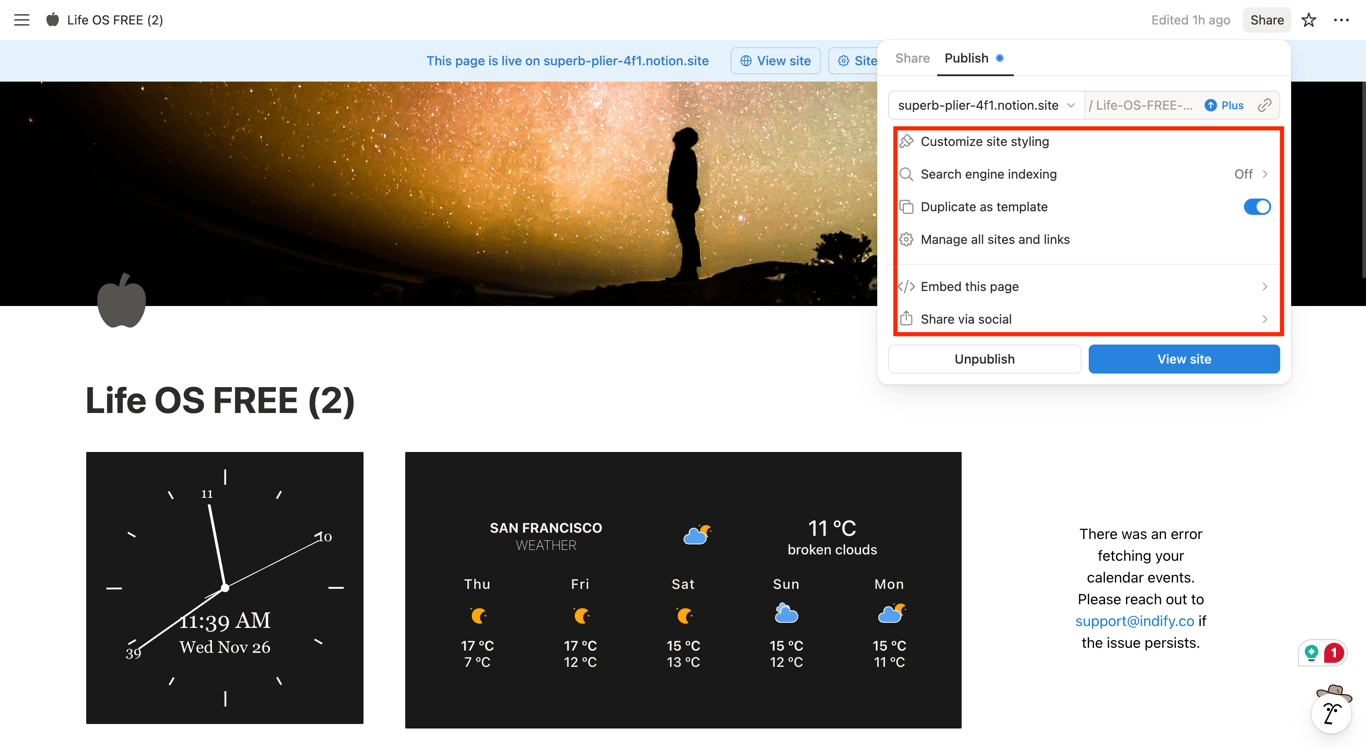 Notion’s Site customization and permissions options