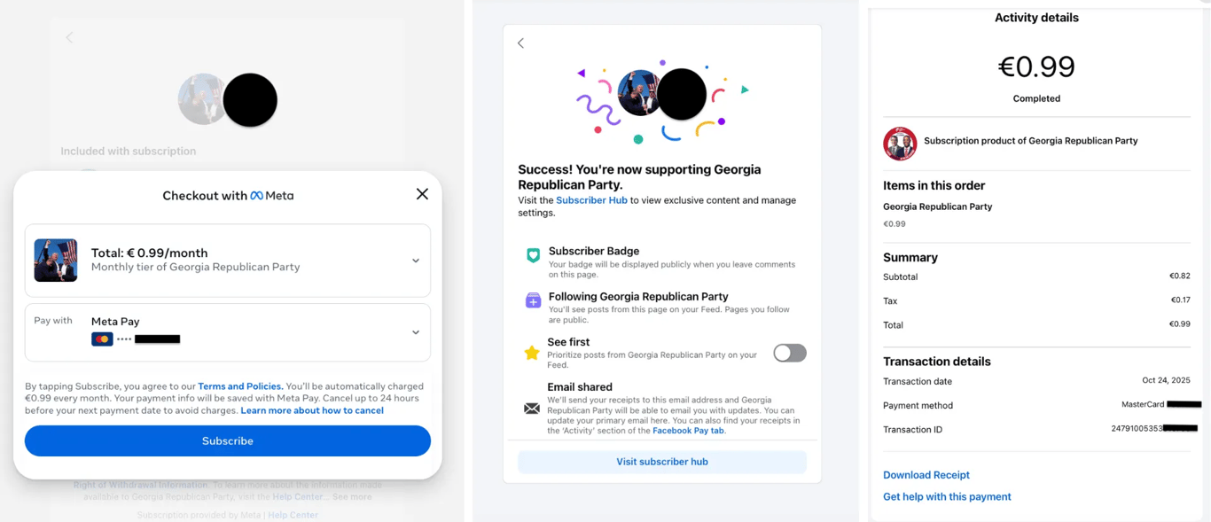 Source: Confirmation of purchase of Meta’s subscription [accessed from Belgium]