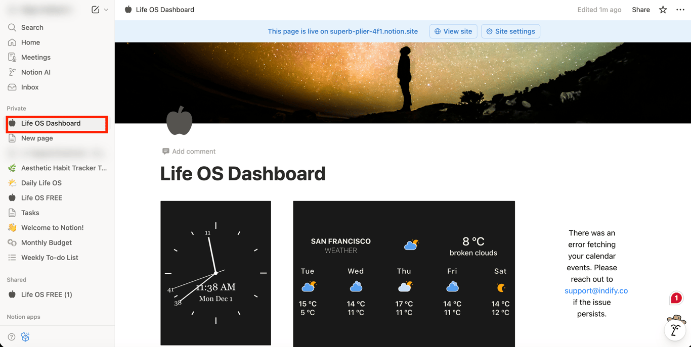 Notion workspace showing the “Life OS Dashboard” page selected from the sidebar