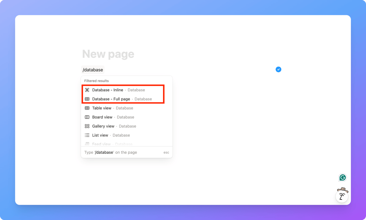 Notion database creation options like Inline and Full Page