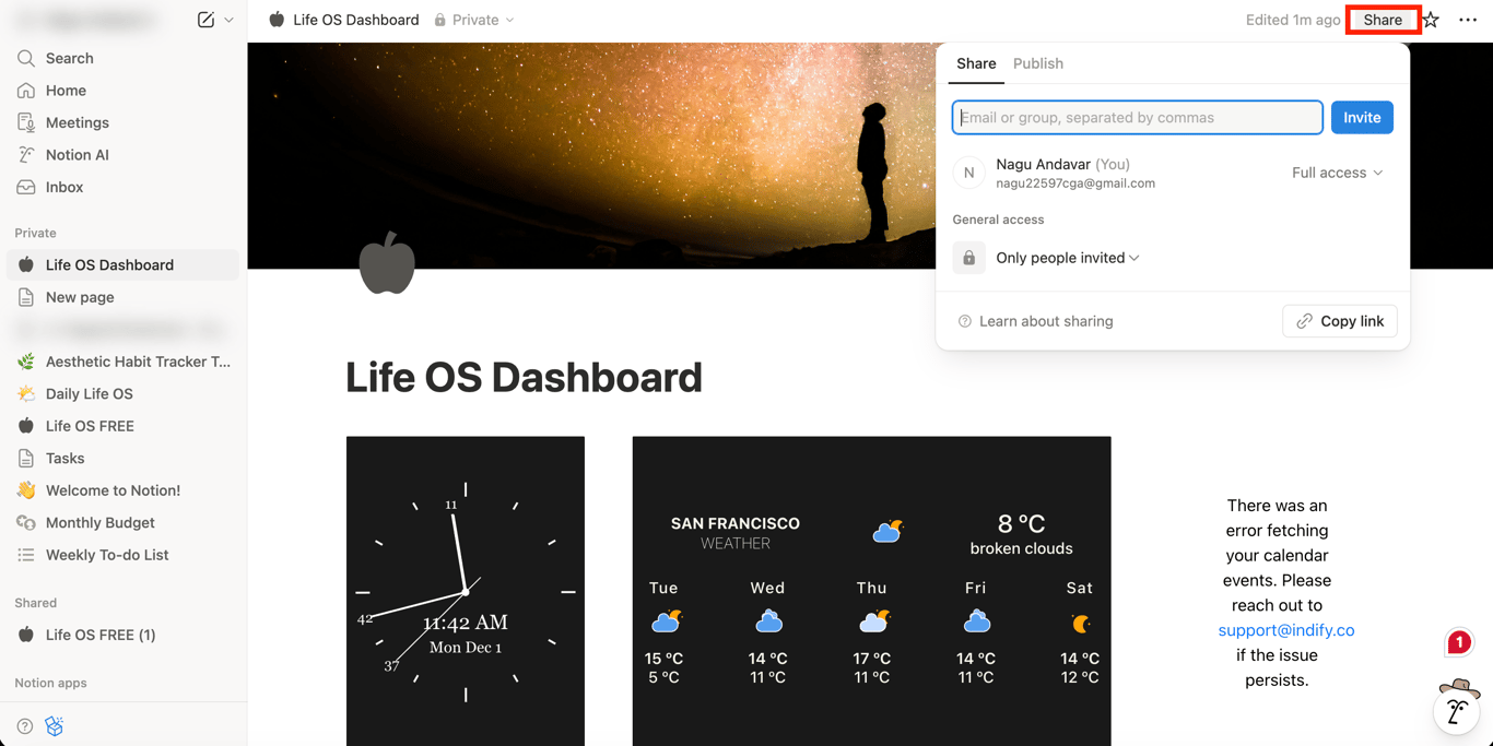 Notion’s Share menu showing options to Share or Publish a page
