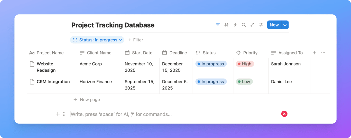 Notion database toolbar showing Sort and Filter options