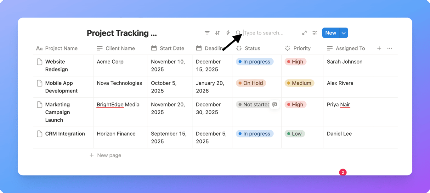 Notion database search bar highlighting quick search
