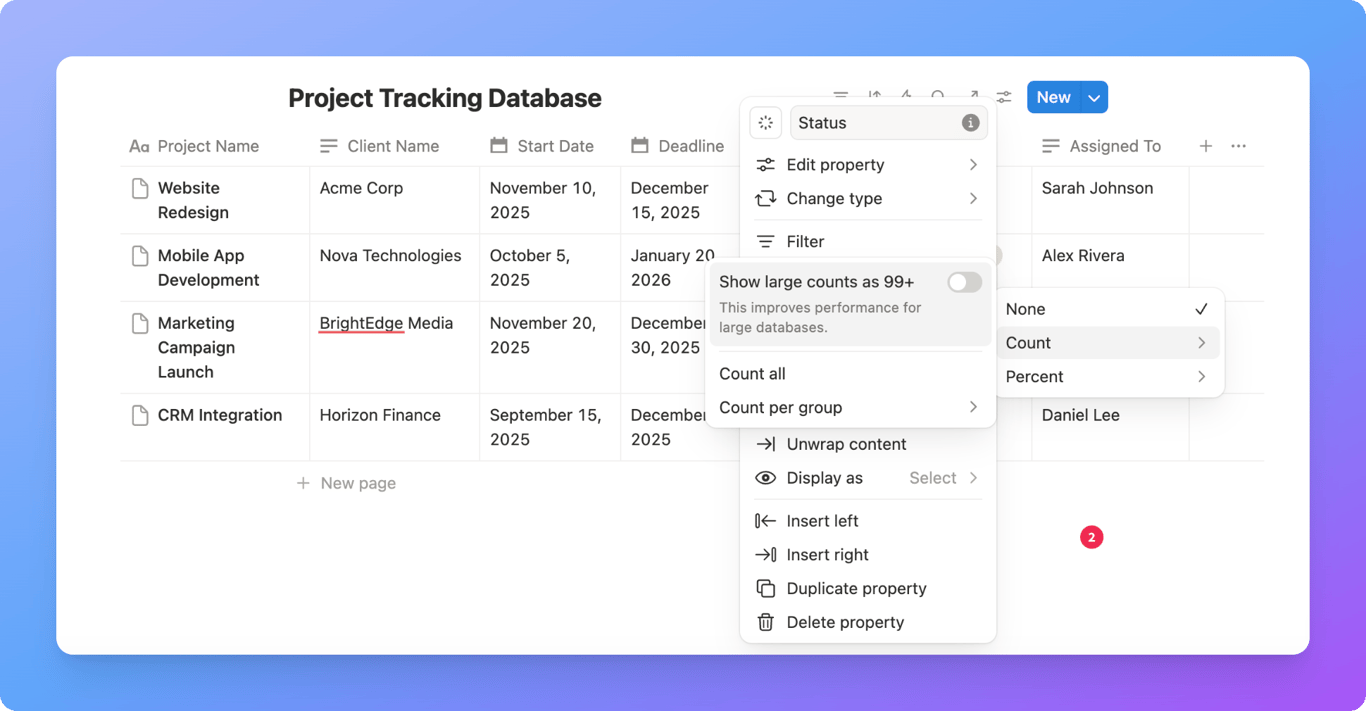 Notion table footer displaying Calculate menu with sum and average options