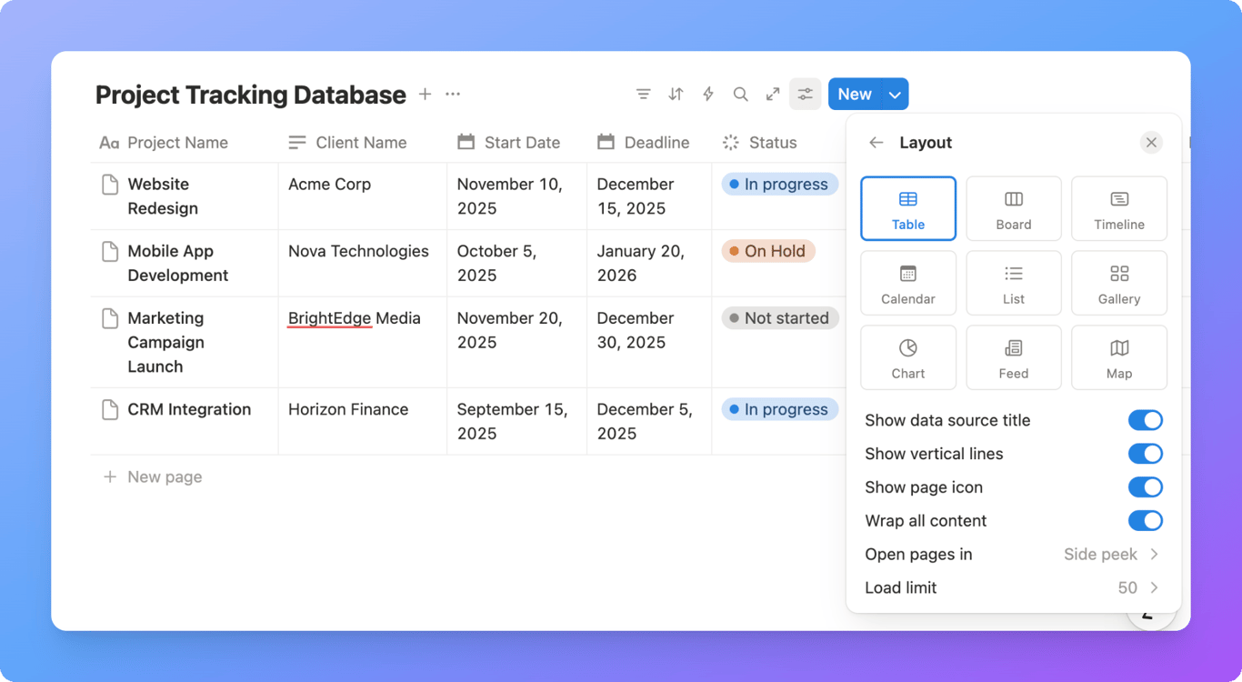 Notion showing multiple database view options including Table, Board, Calendar, and Gallery