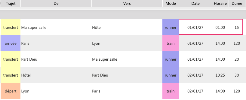 Placement chronologique de l’horaire de transfert dans la nuit du 01 au 02 laissé en date du 01