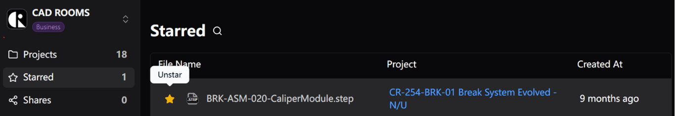 Clicking the highlighted star in the Starred menu to unstar a file immediately.