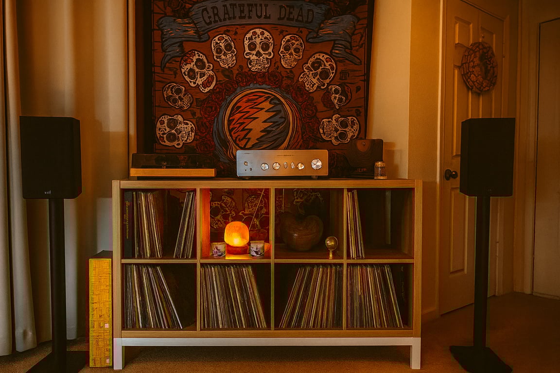 Warm light, good records, and room to listen — the heart of the sanctuary.