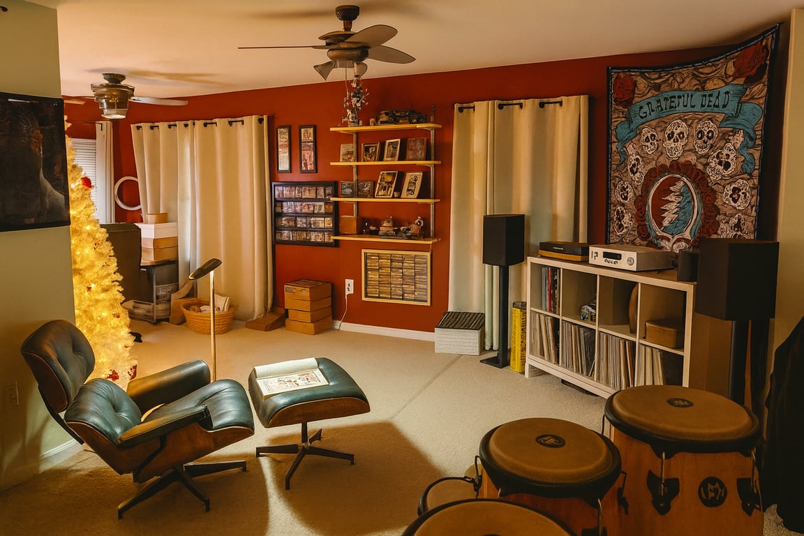 The basement, finally becoming something: a room where the day slows down the moment I sit.