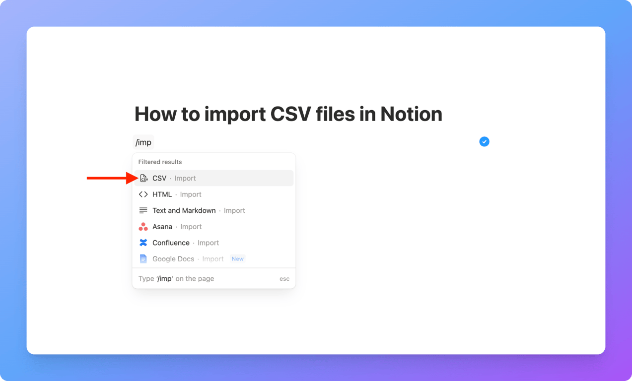 Using the Import option in Notion to start importing a CSV file
