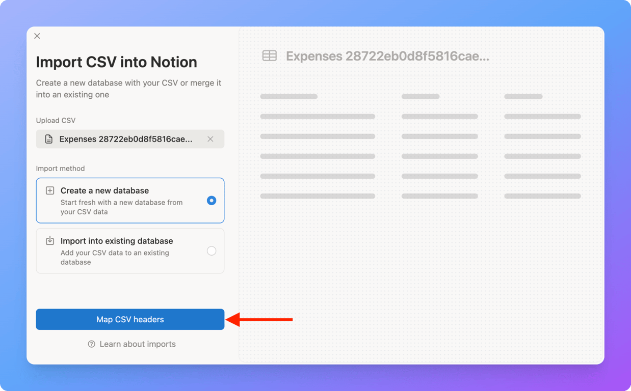 Preview of CSV data in Notion showing column mapping before import