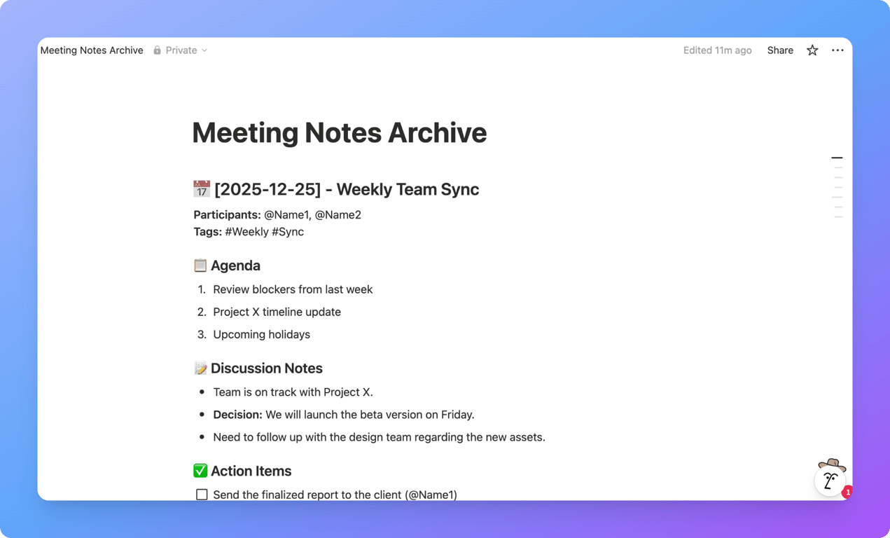 Example of a Notion parent page used as a folder to organize related pages