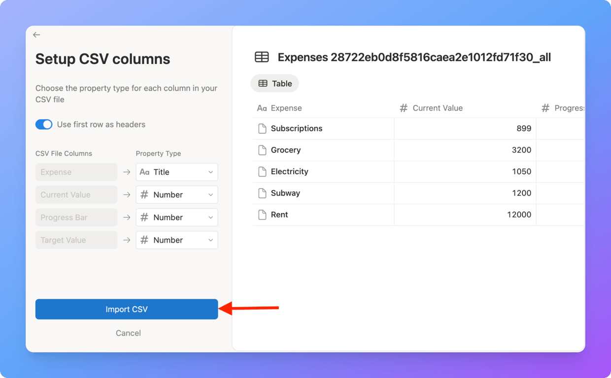 Confirming the CSV import into Notion by clicking the Import CSV button