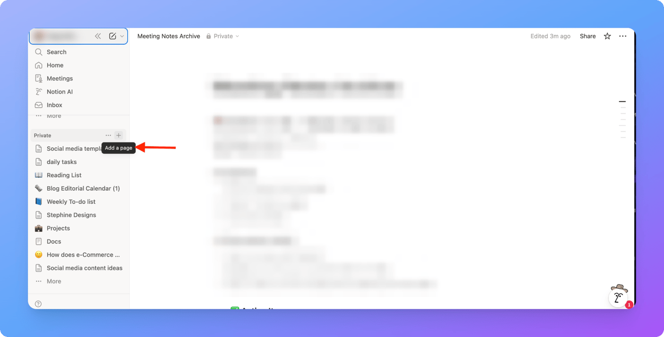 Creating a new page in Notion using the Add a page button and /page command