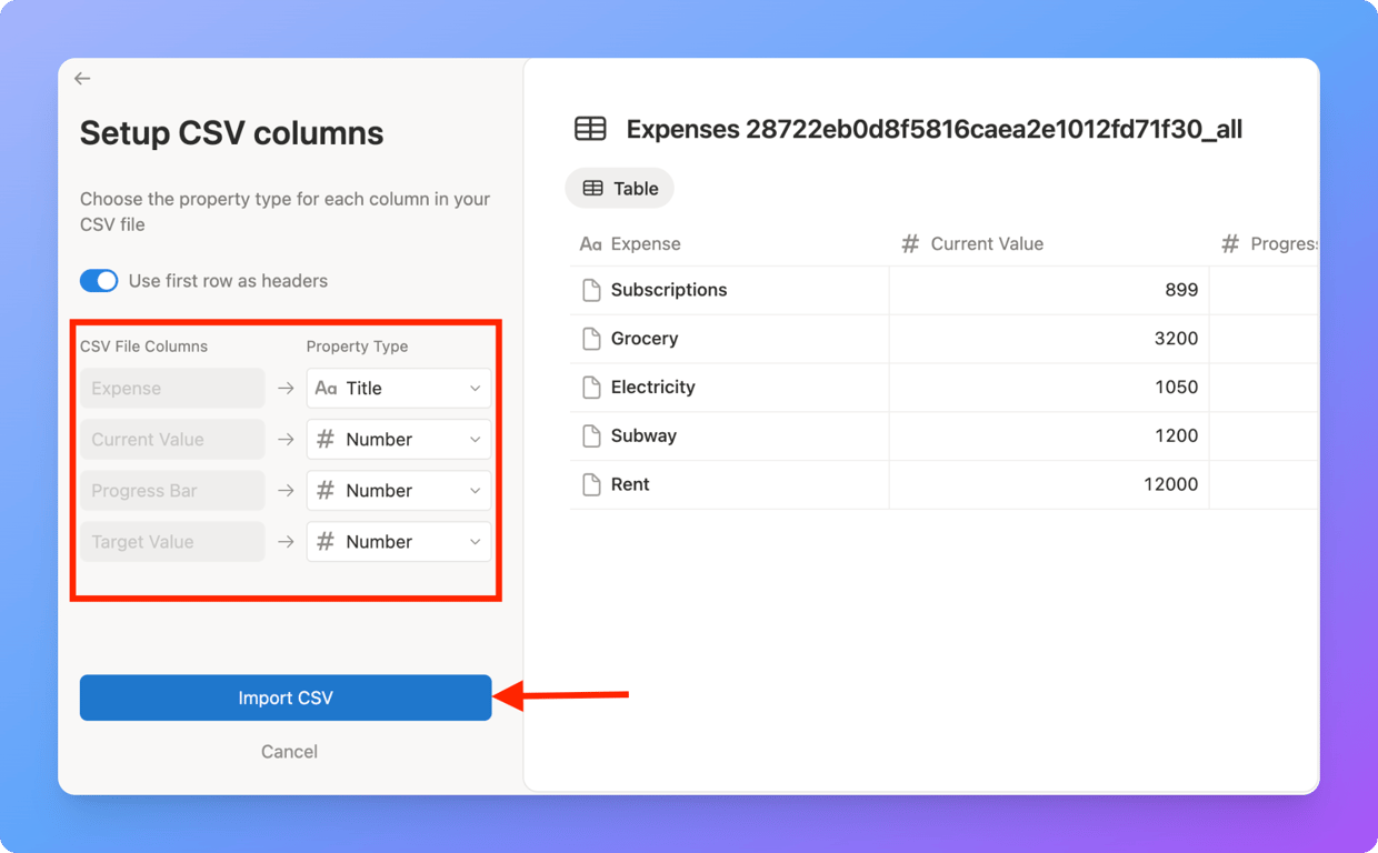 Adjusting column property types while mapping CSV fields in Notion