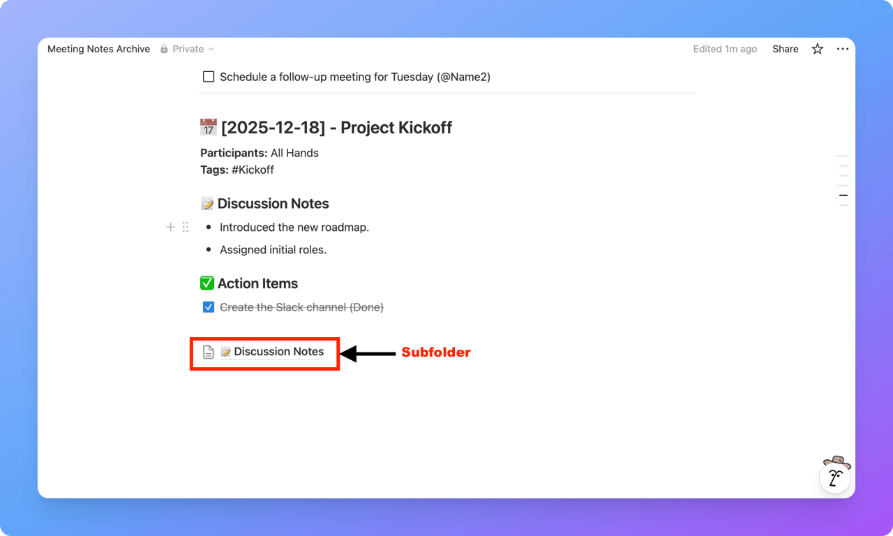 Nested sub-pages displayed under a parent page in the Notion sidebar