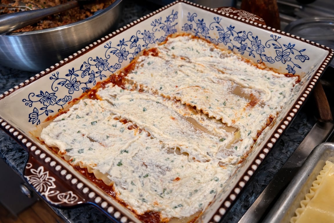 Always start with sauce on the bottom—it protects the noodles and anchors the layers.