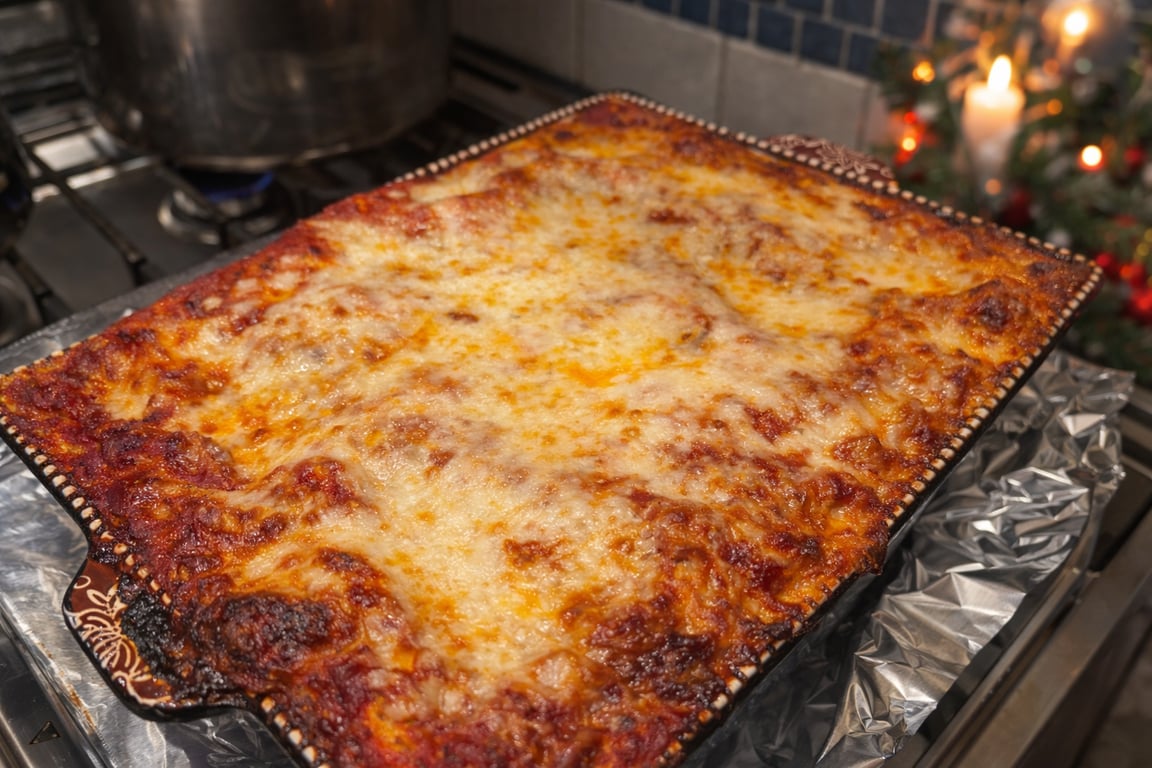 Bubbling, fragrant, and finished—but not ready yet. Resting is what turns layers into slices.