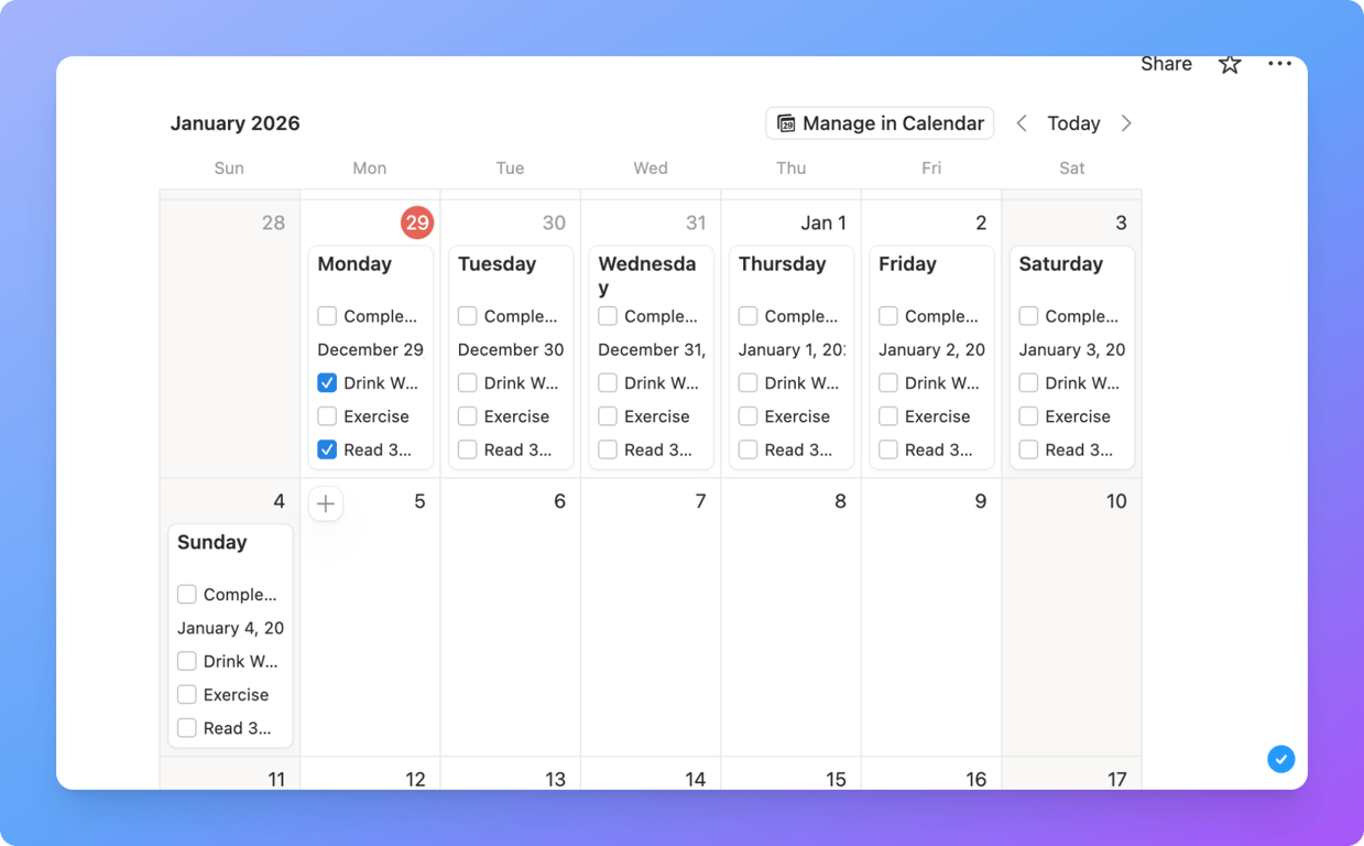 Calendar view in Notion displaying tracked habits across the month