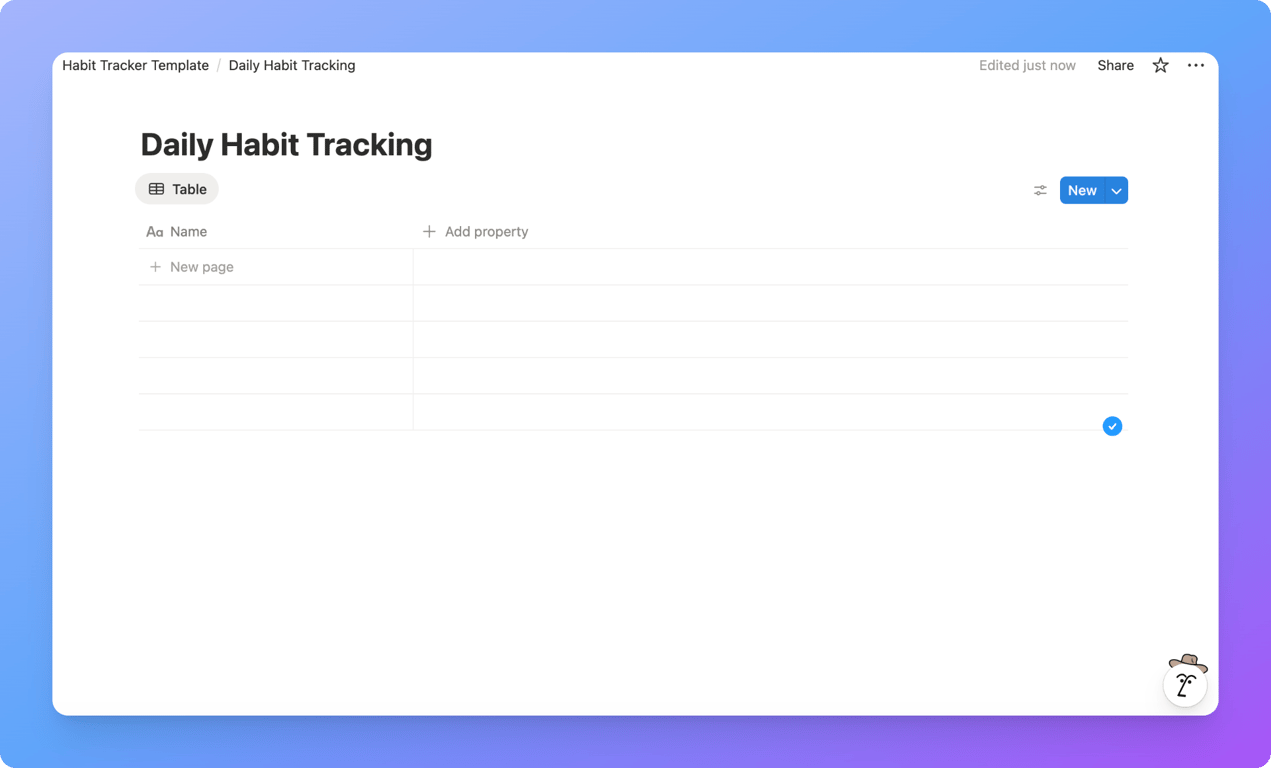 Notion habit tracker database created using a full-page table view