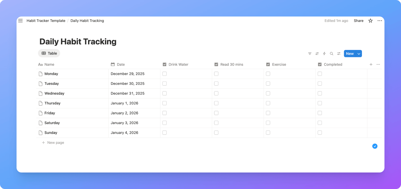 Setting up habit tracker properties in Notion with date and checkbox fields