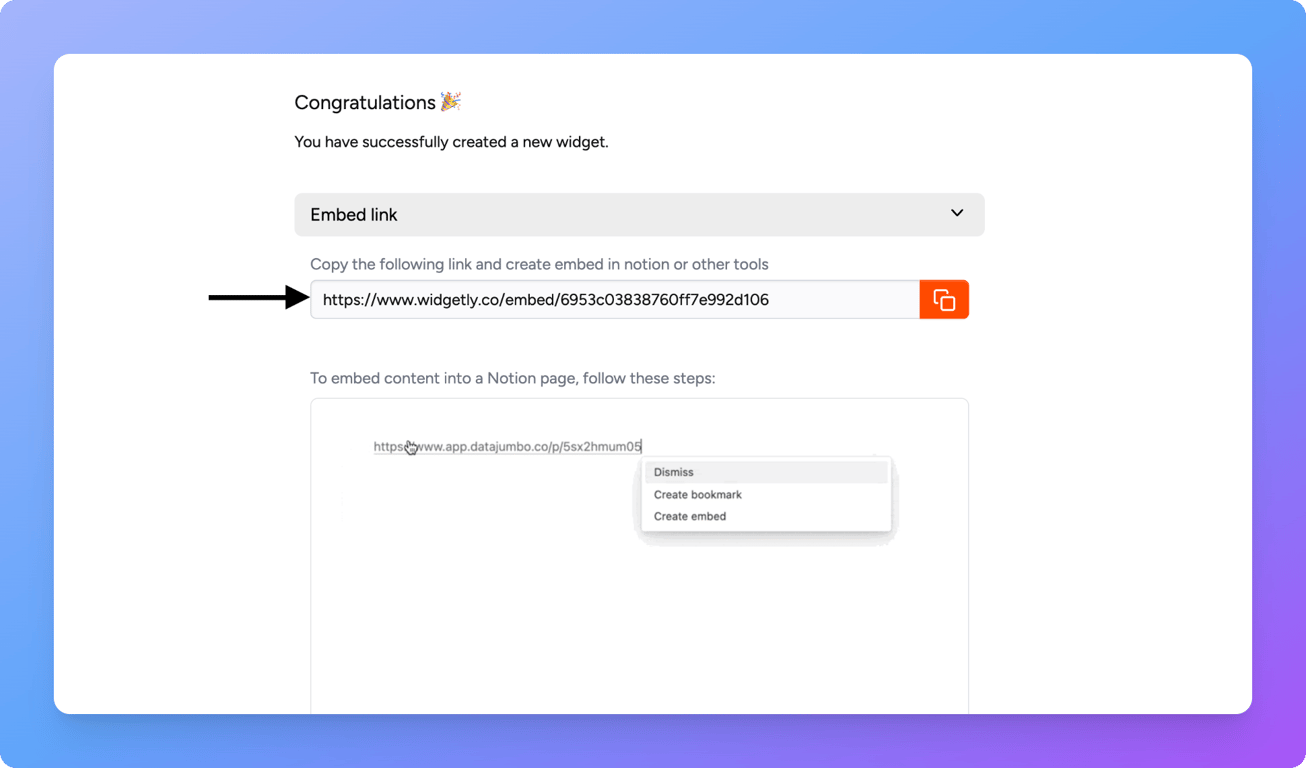 Copy embed code for timer widget