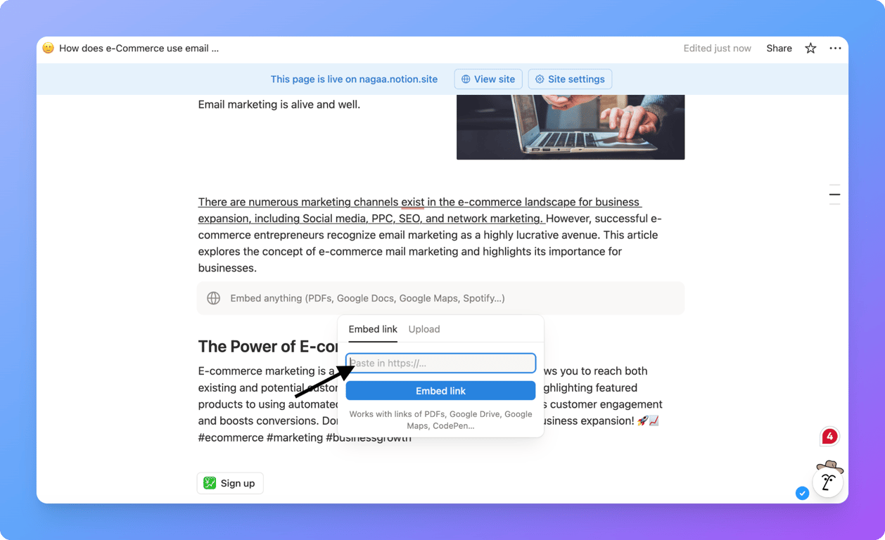 Using embed block in a Notion page